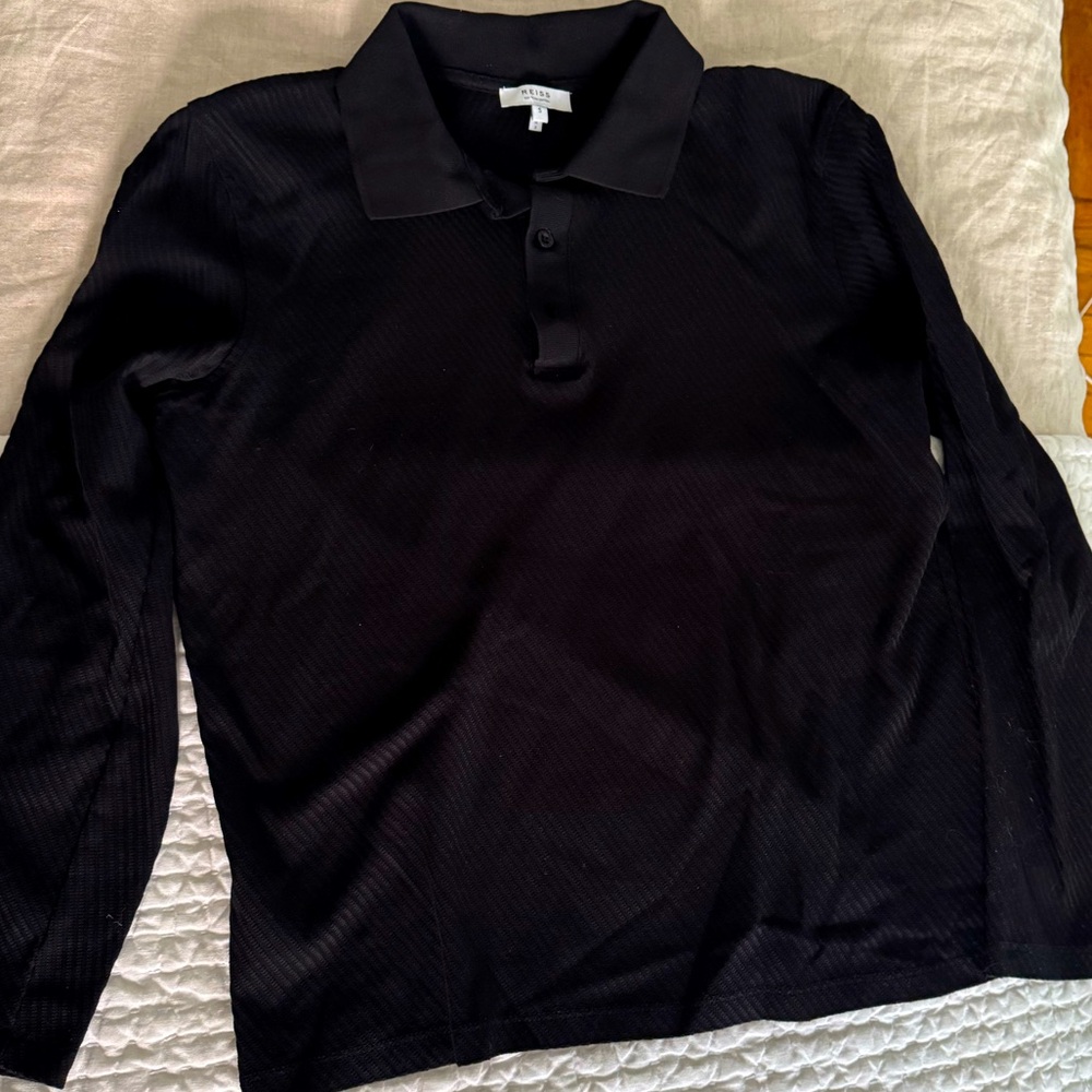 Reiss Egyptian cotton Black striped Long Sleeve Polo Shirt